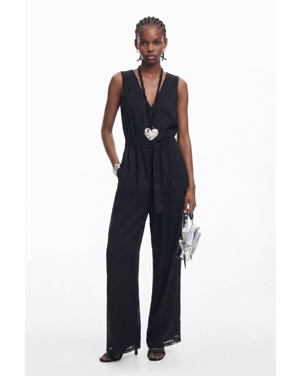 Desigual Black Shiny Jumpsuit With Belt, Polyester
