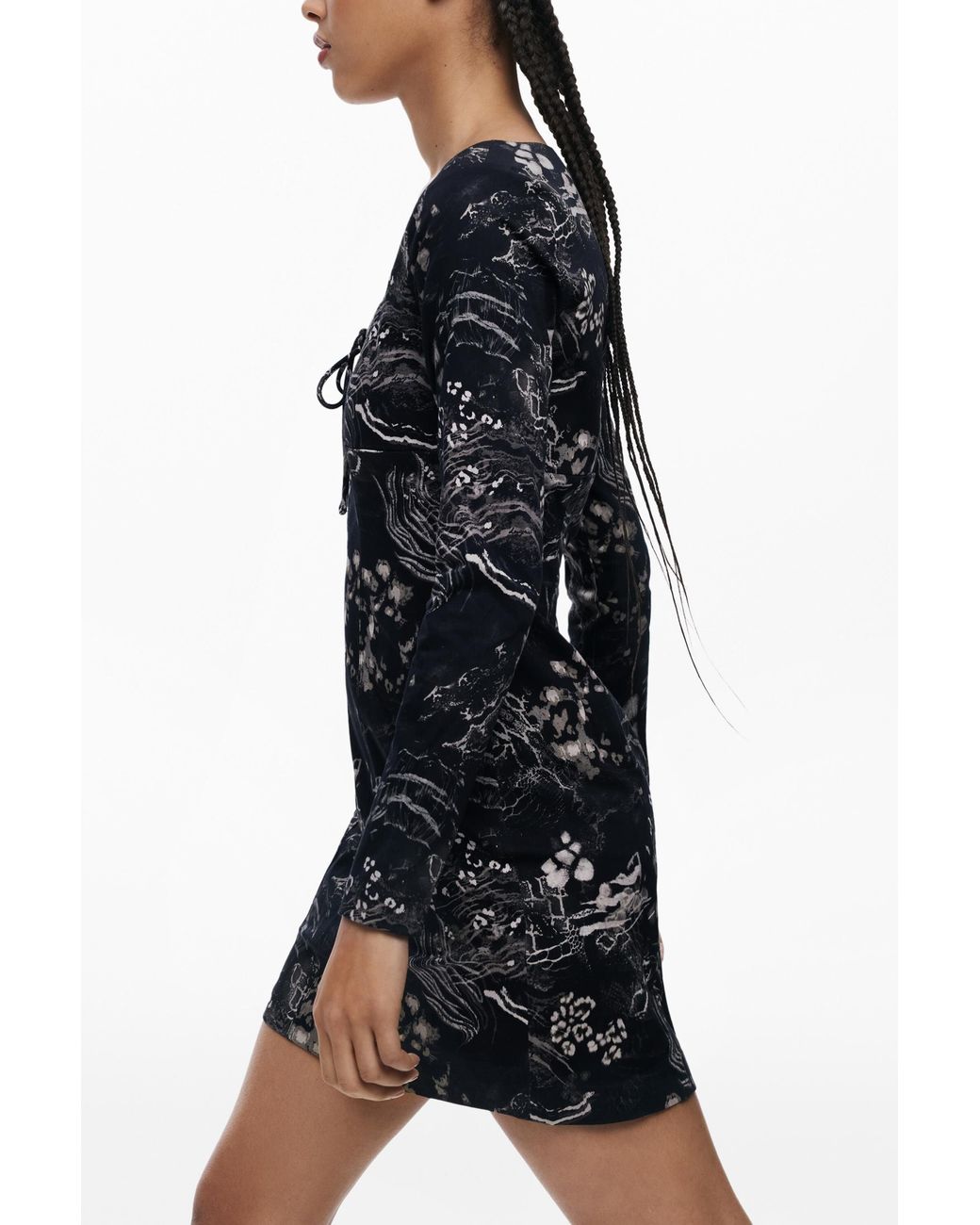Desigual Black Short Dress With Square Neckline, Cotton
