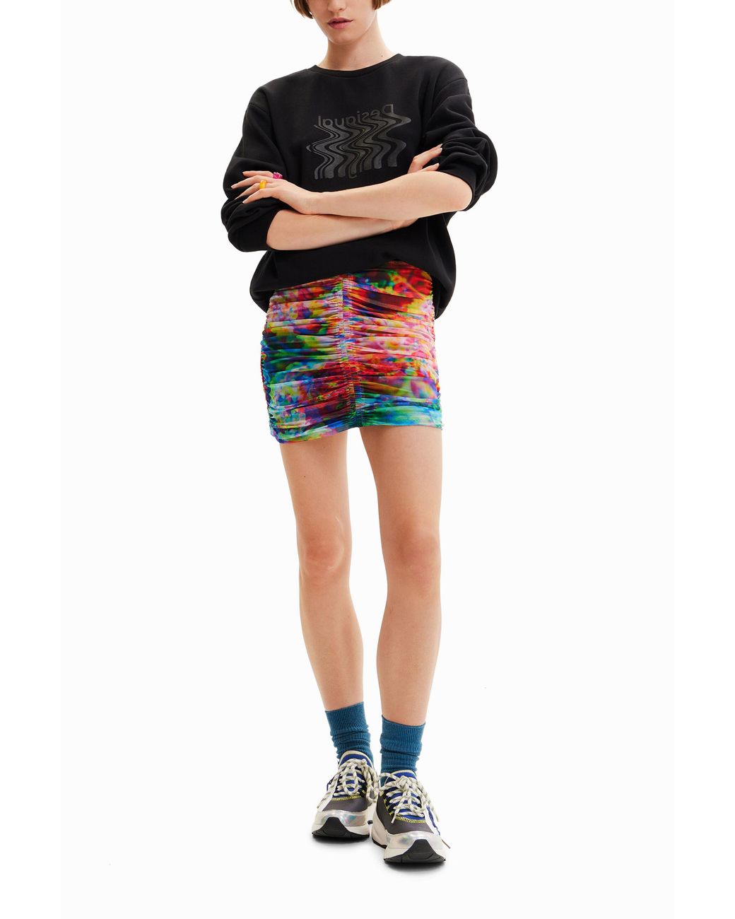 Desigual Red Floral Ruched Tulle Mini Skirt, Polyester