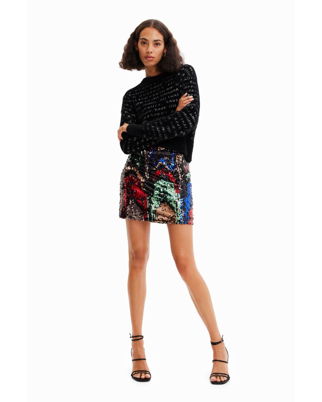 Desigual Black Sequin Slim Mini Skirt