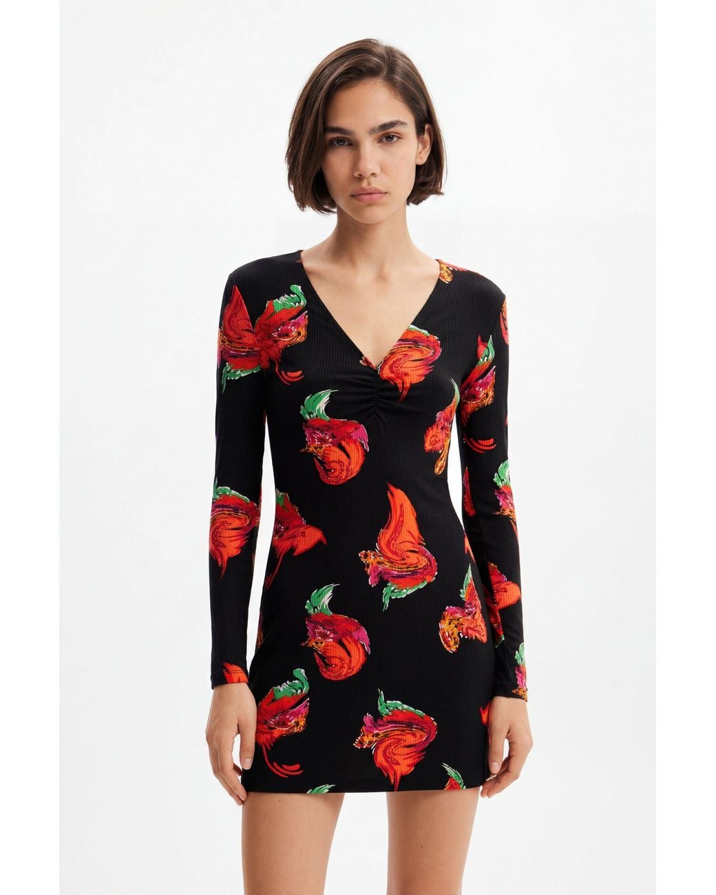 Desigual Red Ribbed Floral Mini Dress, Viscose
