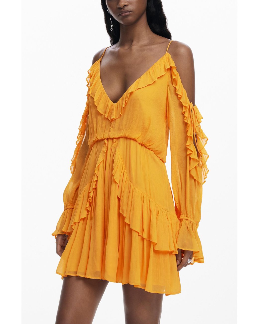 Desigual Orange Ruffled Mini Dress, Viscose