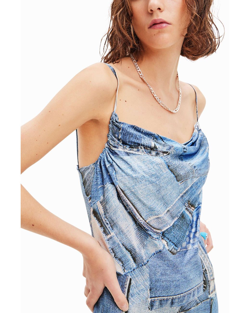 Desigual Blue Denim Patchwork Midi Dress, Viscose