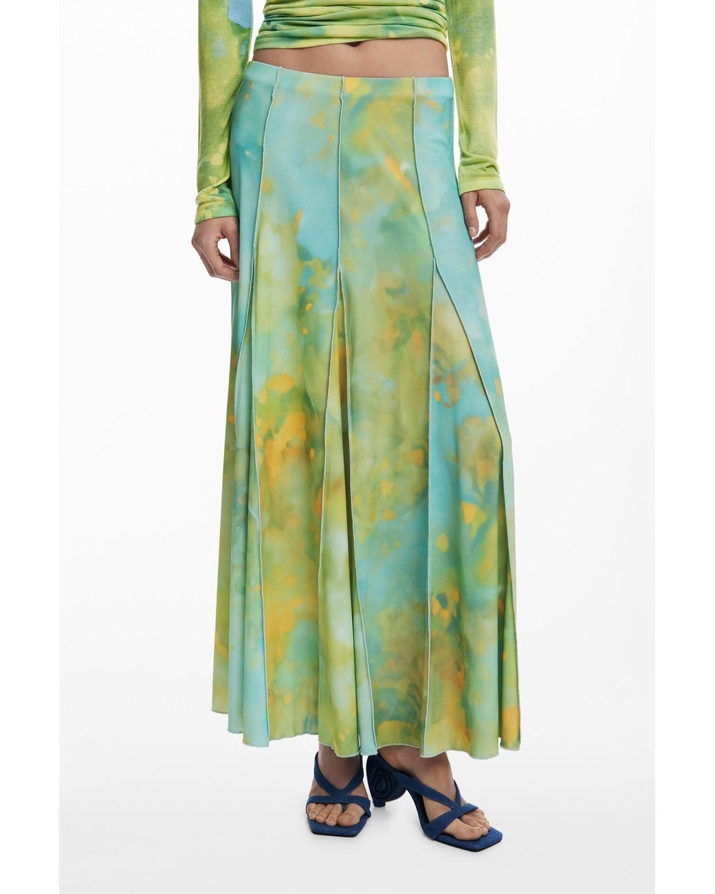 Desigual Green Long Godet Skirt, Polyester