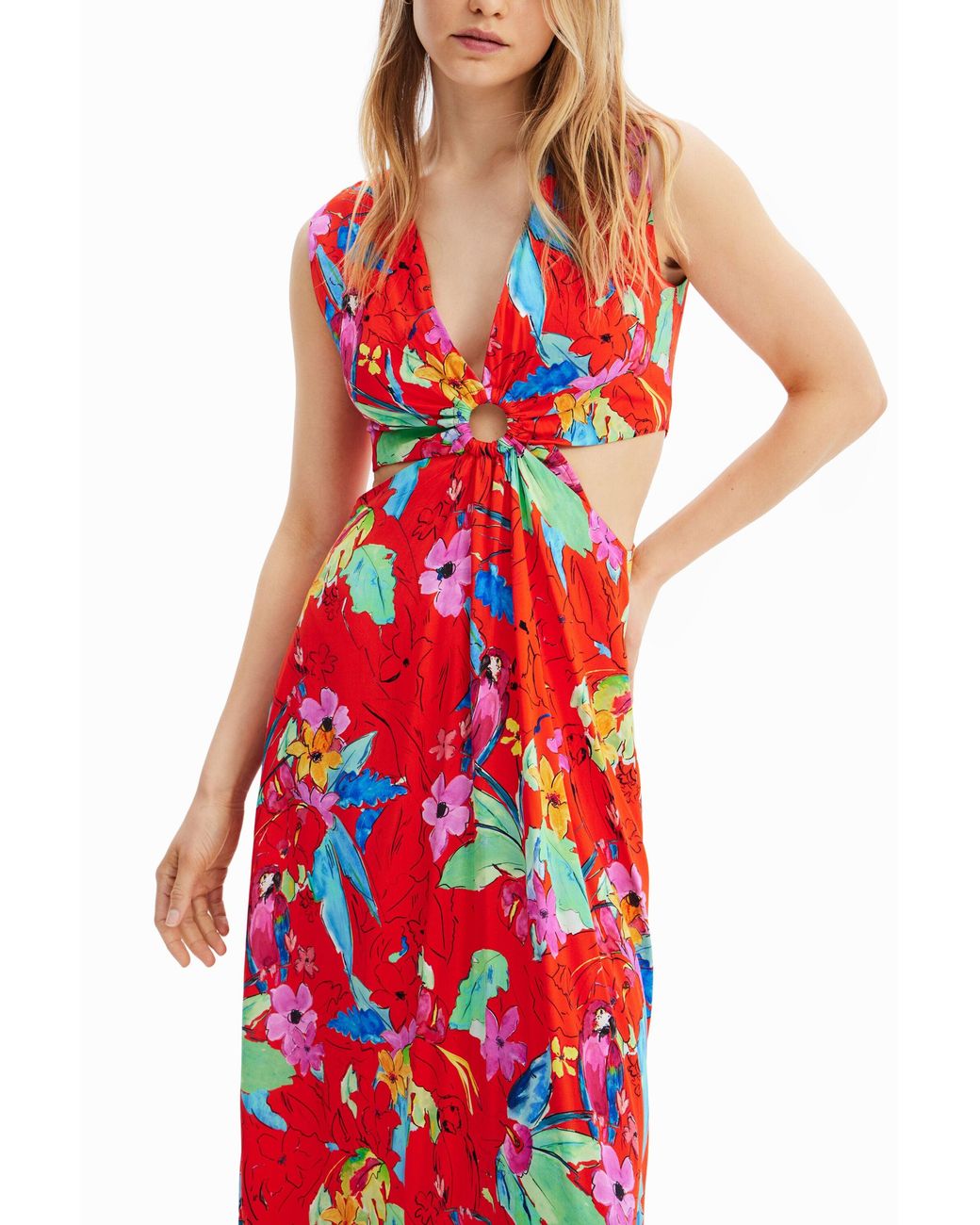Desigual Red Long Cut-Out Dress, Viscose