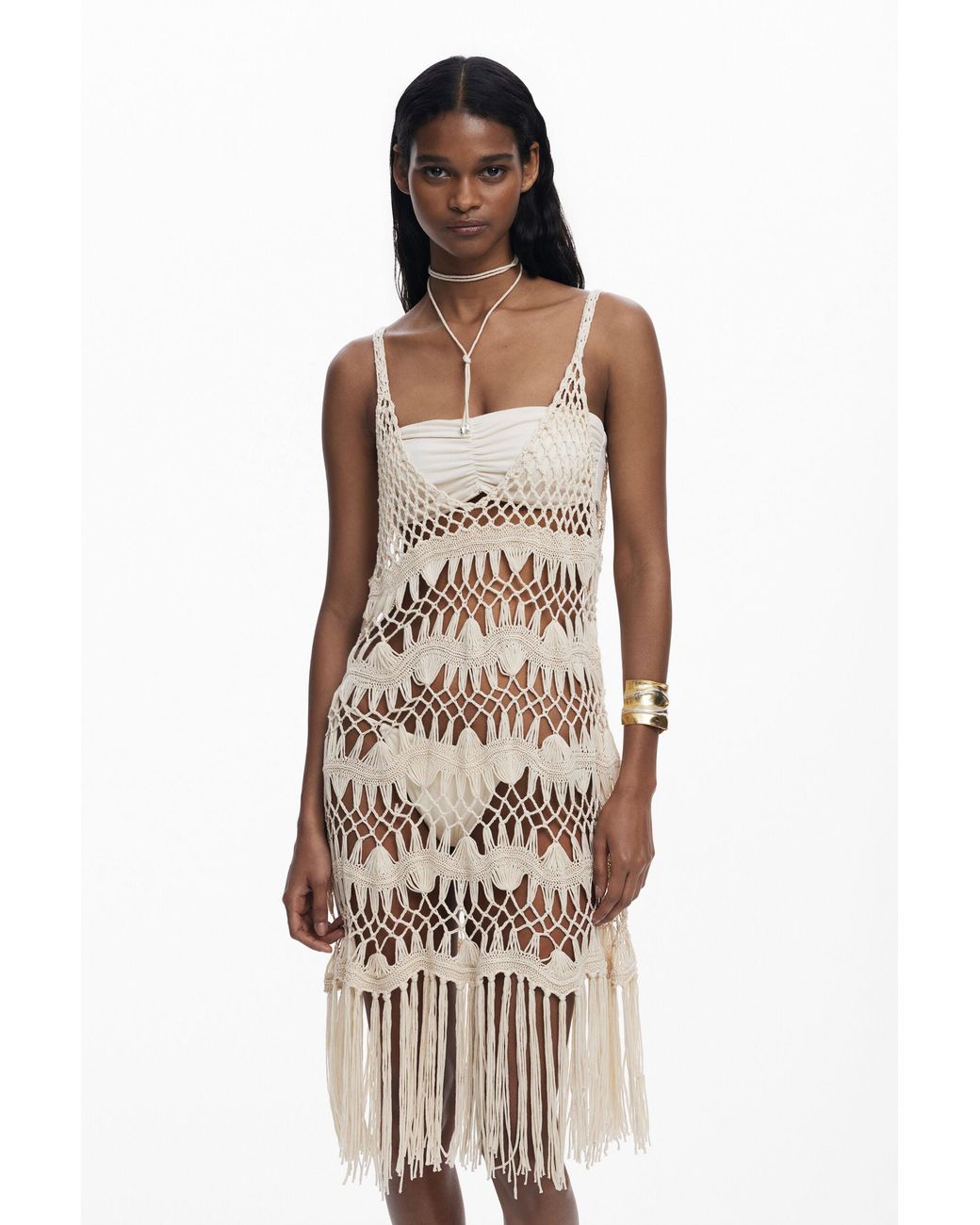 Desigual White Crochet Wrap Dress, Acrylic