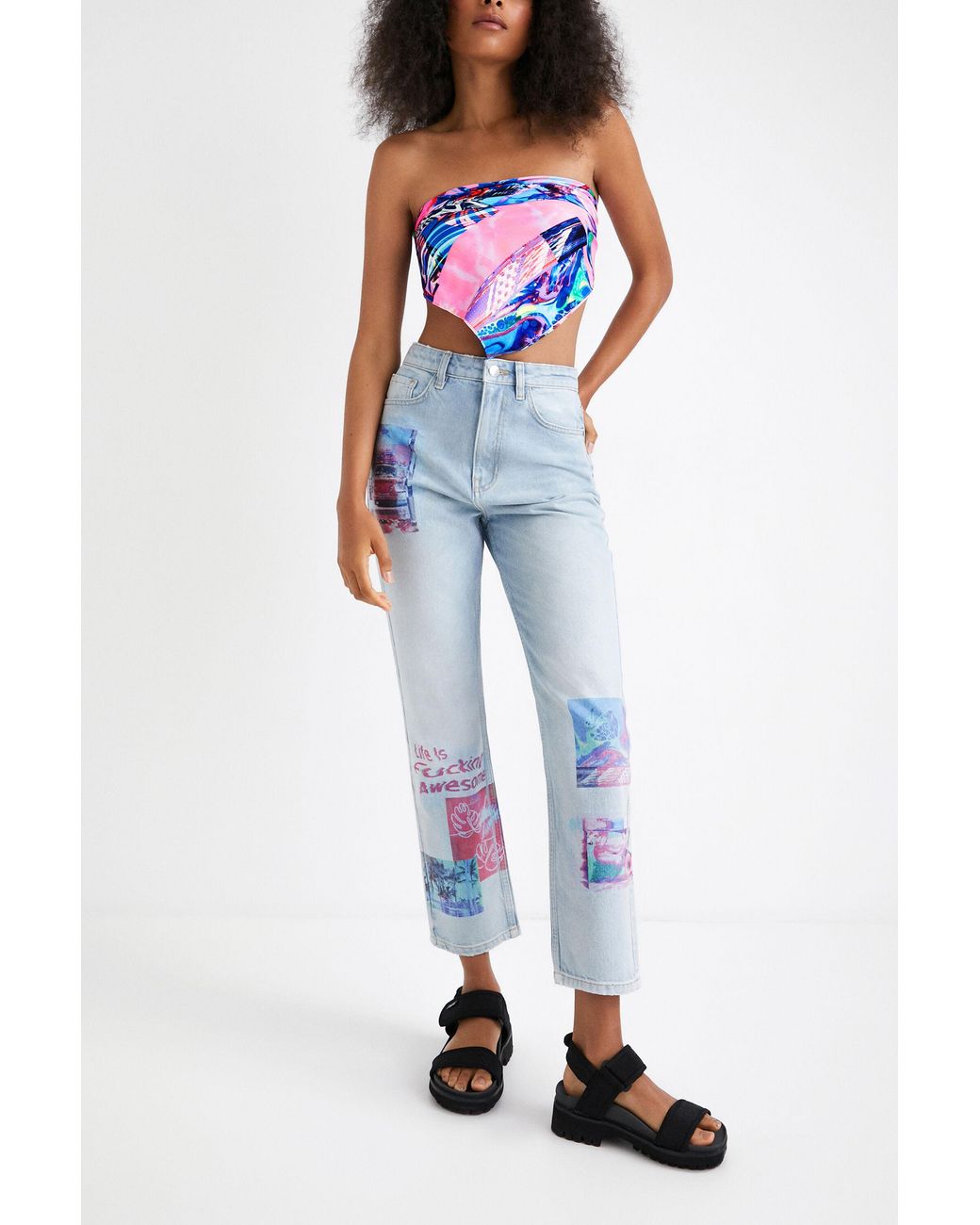 Desigual Blue Straight Cropped Jeans With Patches, Cotton