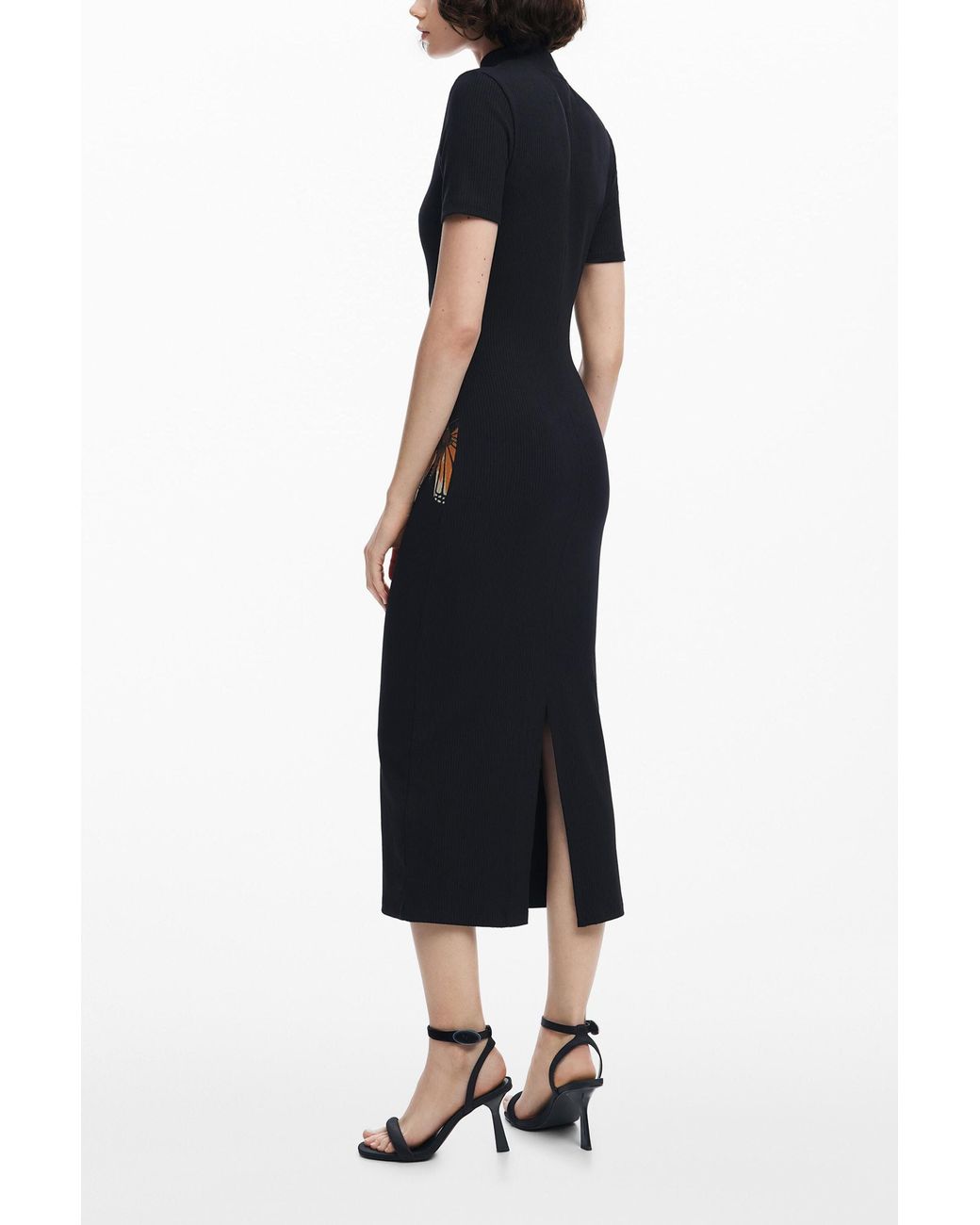 Desigual Black Slim Midi Butterfly Dress, Viscose
