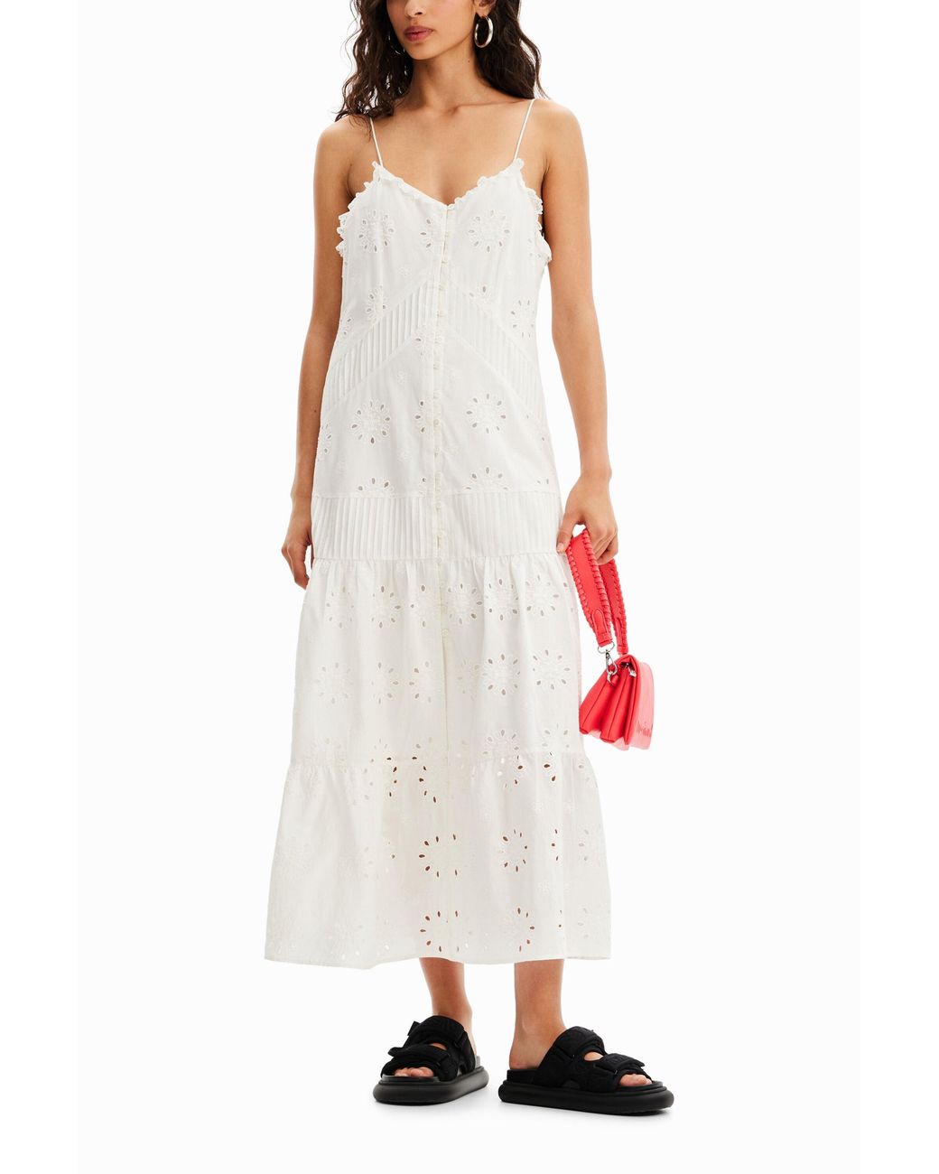 Desigual White Swiss Embroidery Midi Dress, Cotton