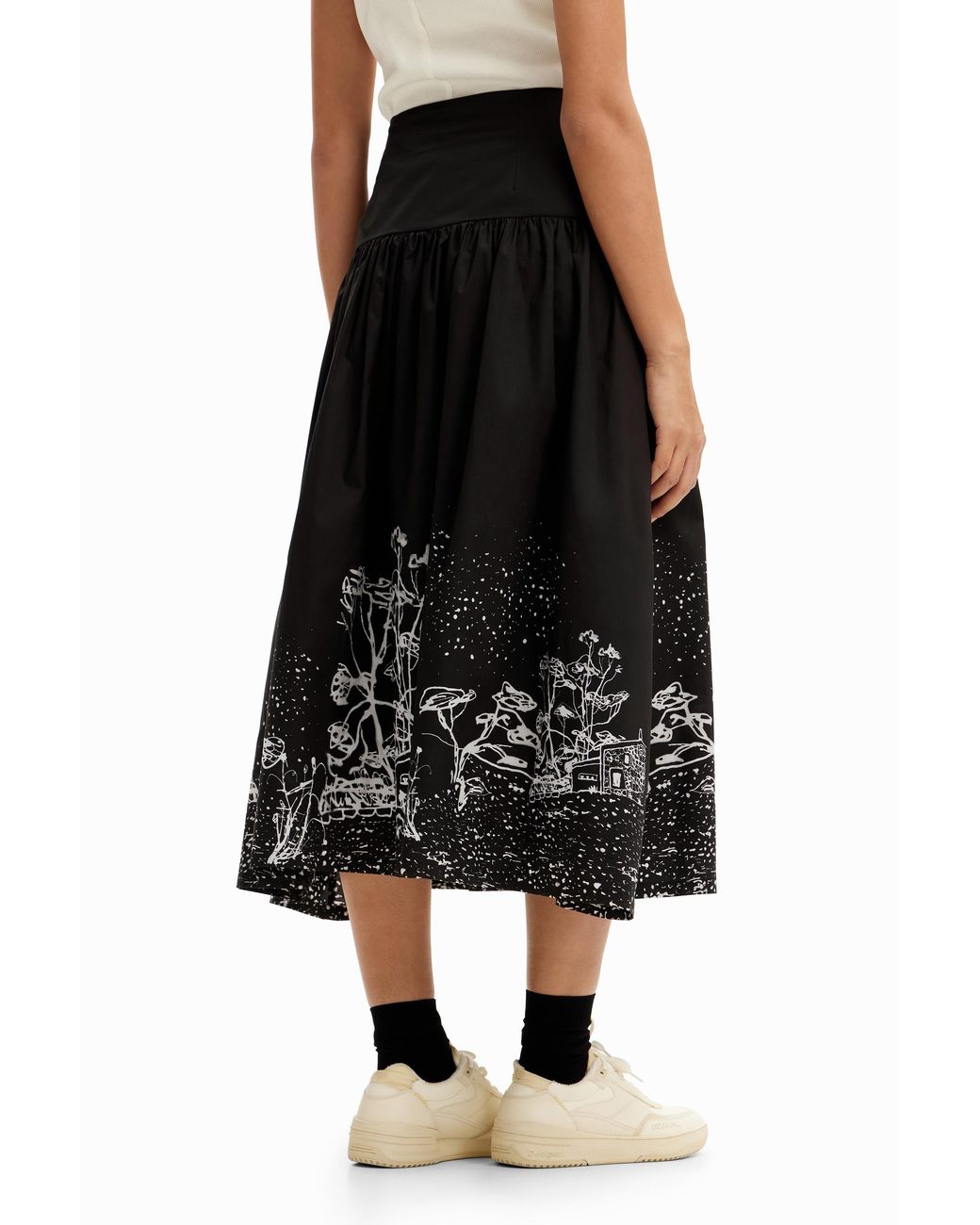 Desigual Black Poplin Landscape Midi Skirt, Cotton