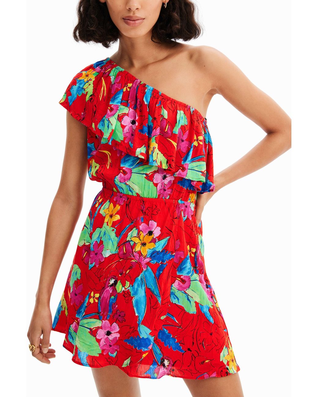 Desigual Red Tropical Asymmetric Short Dress, Viscose