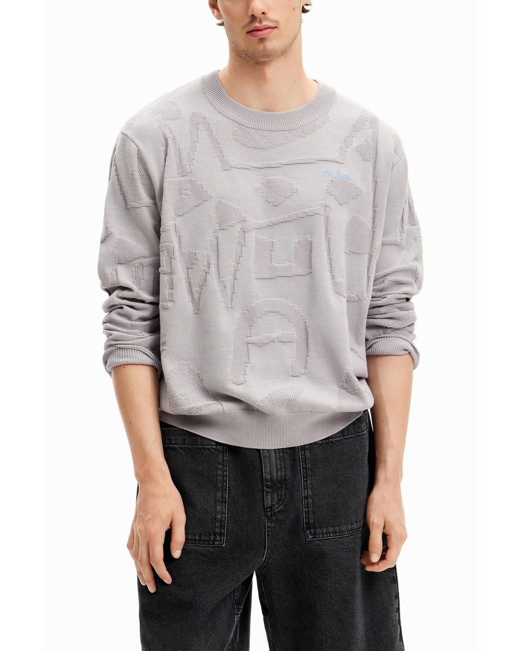 Desigual White Textured Knit Sweater, Cotton for men