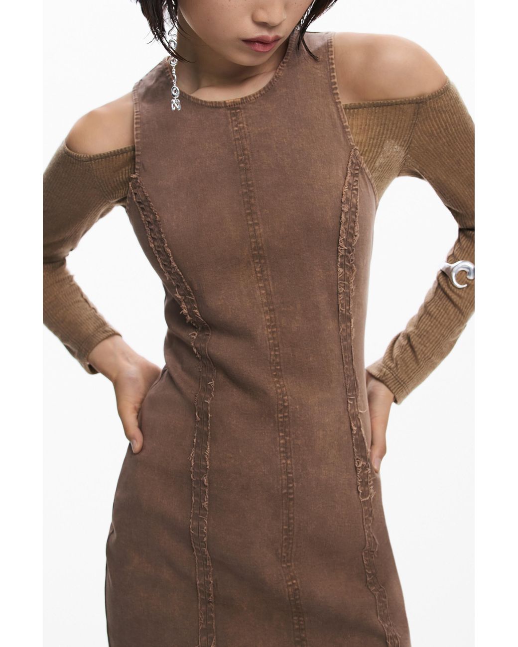 Desigual Brown Denim Combined Dress, Cotton