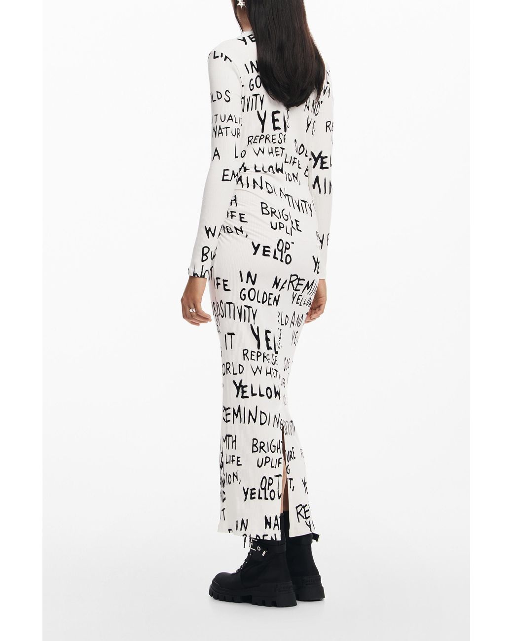 Desigual White Midi Dress With Phrase, Viscose