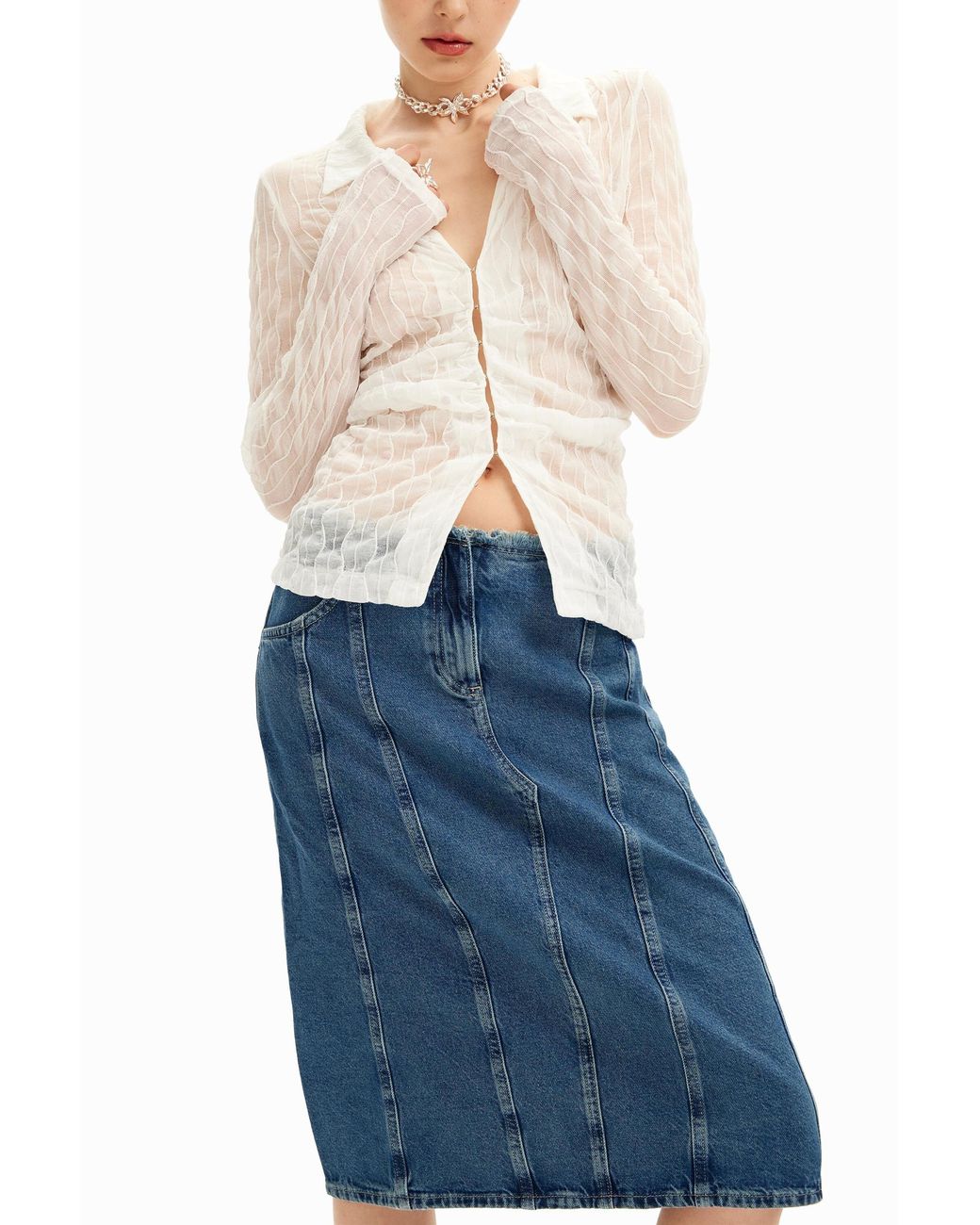 Desigual Blue Midi Skirt, Striped Denim Effect. Cotton