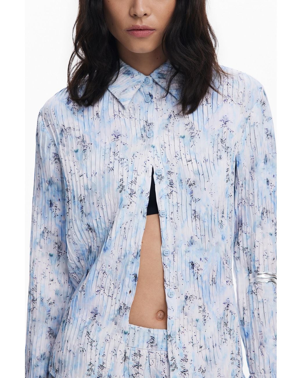 Desigual White Pleated Stretch Shirt, Polyester