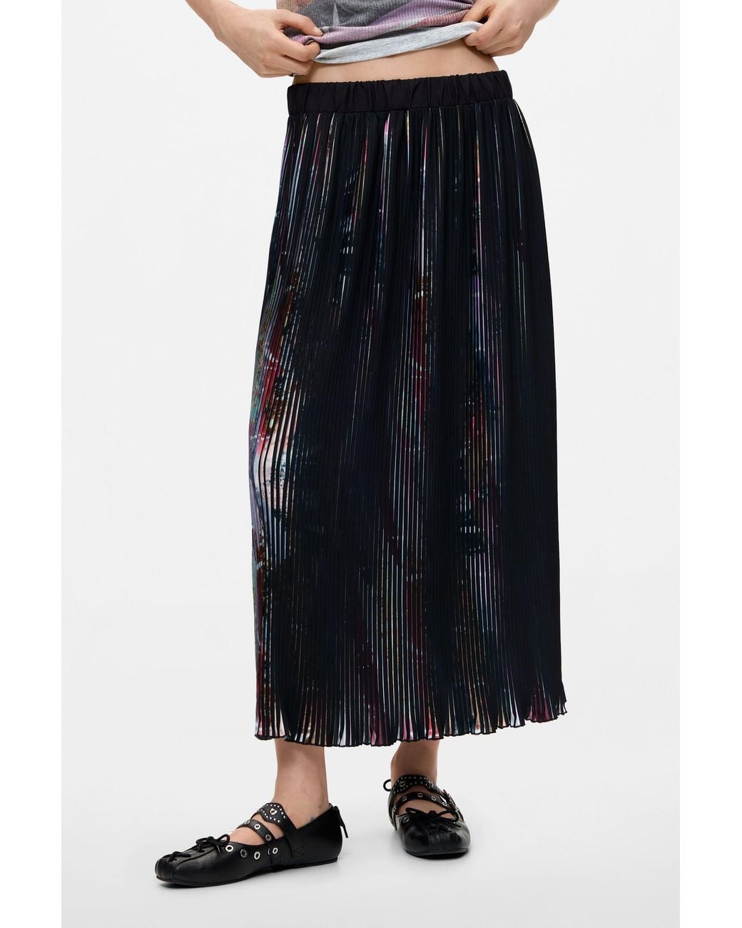 Desigual White Floral Midi Pleated Skirt, Polyester