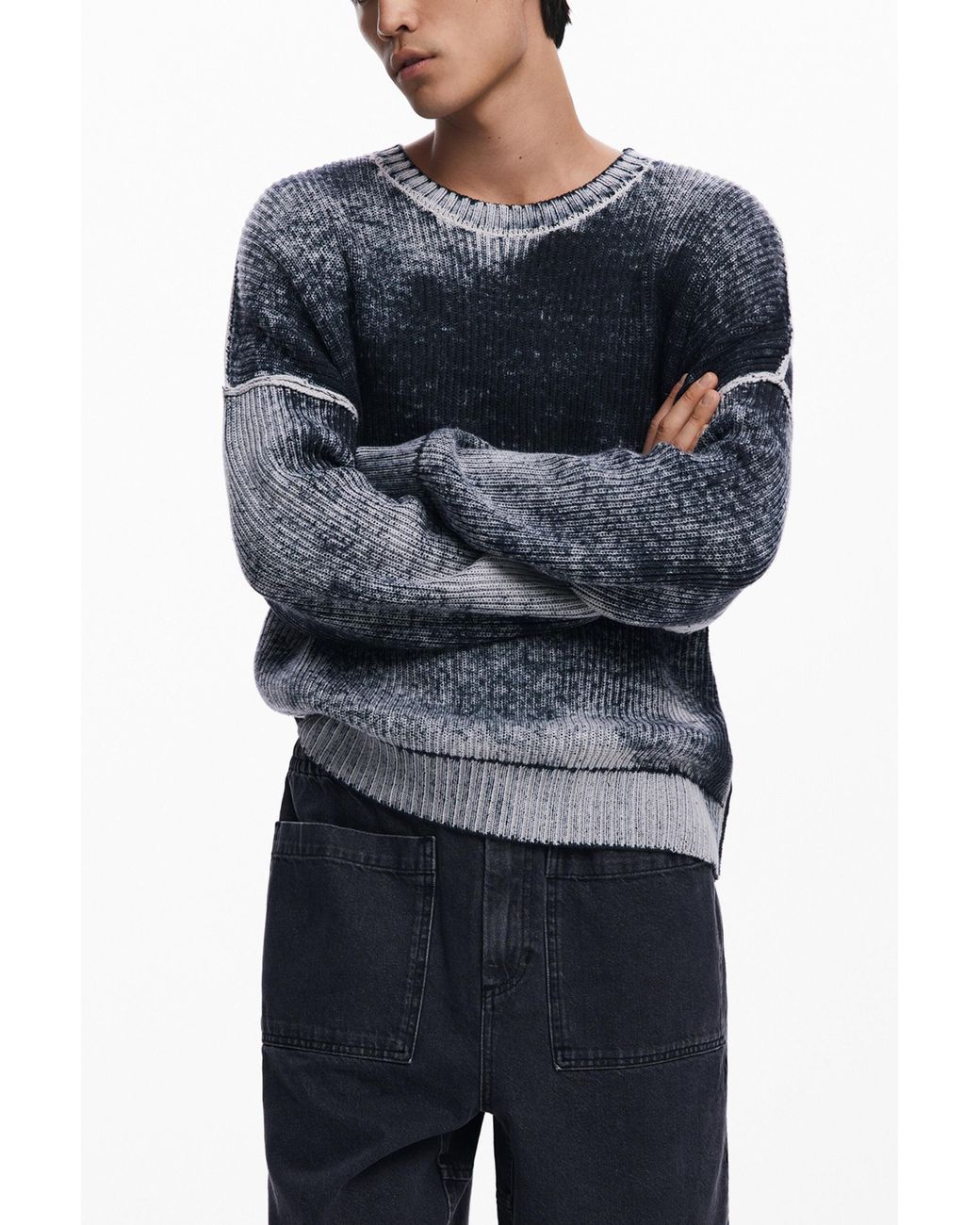 Desigual Blue Distressed Knit Sweater for men