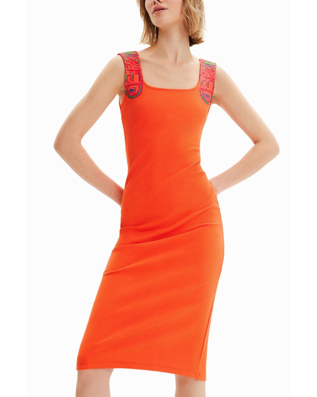Desigual Orange Slim Ribbed Strappy Dress, Viscose