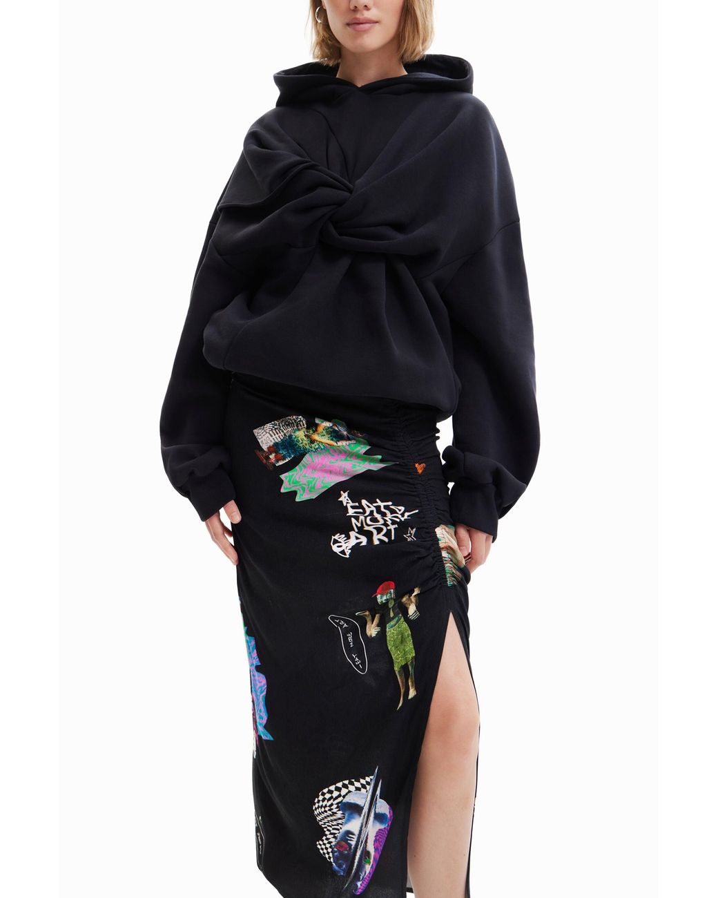 Desigual Black Collage Slim Midi Skirt, Viscose