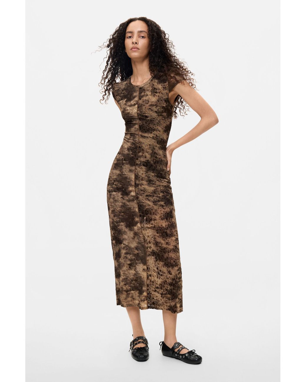 Desigual Black Midi Dress With Animal Print, Polyester
