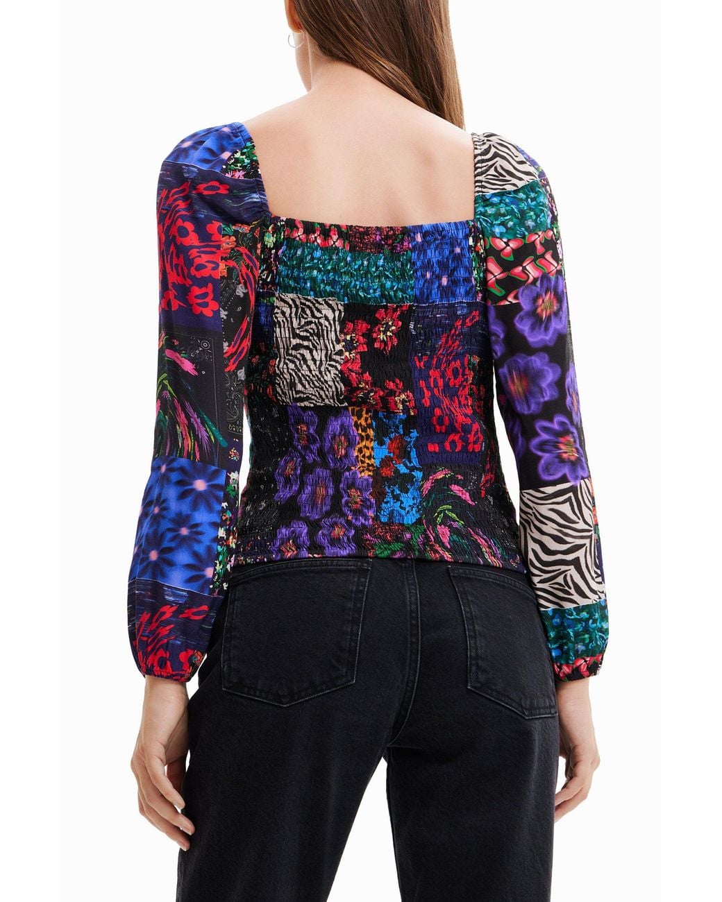 Desigual Blue Patchwork Corset Blouse, Viscose