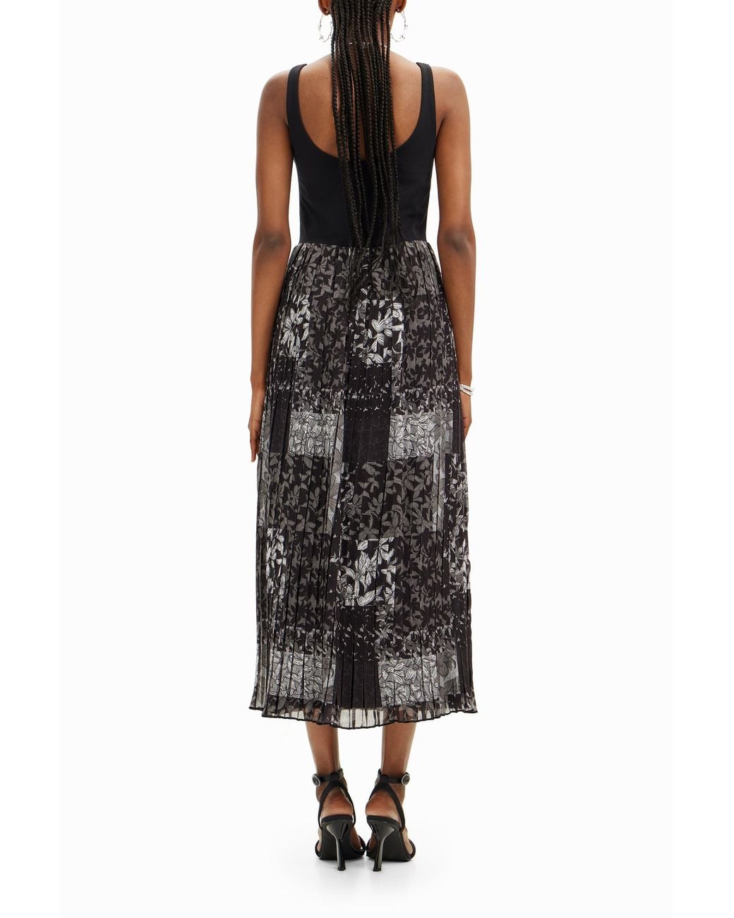 Desigual Black Pleated Combination Midi Dress