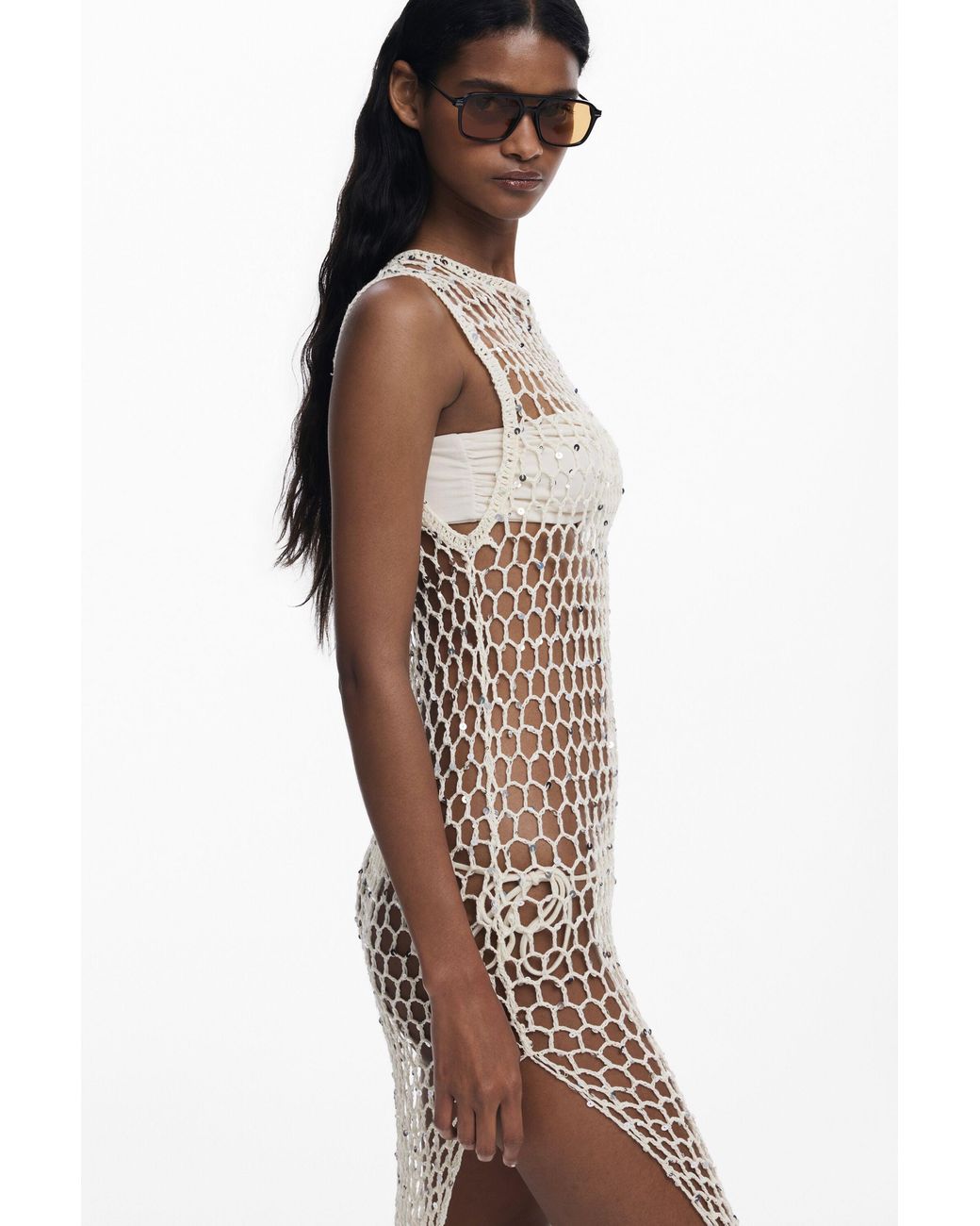 Desigual White Wrap Dress With Net Appliqués, Cotton