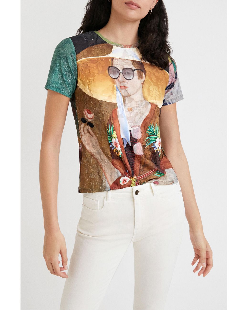 Desigual Green Portrait Artwork T-Shirt, Polyester