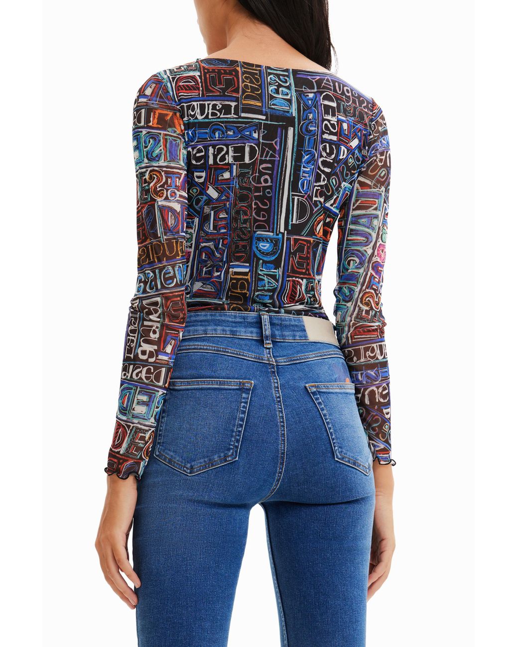 Desigual Blue Tulle Arty Logo Bodysuit, Polyester