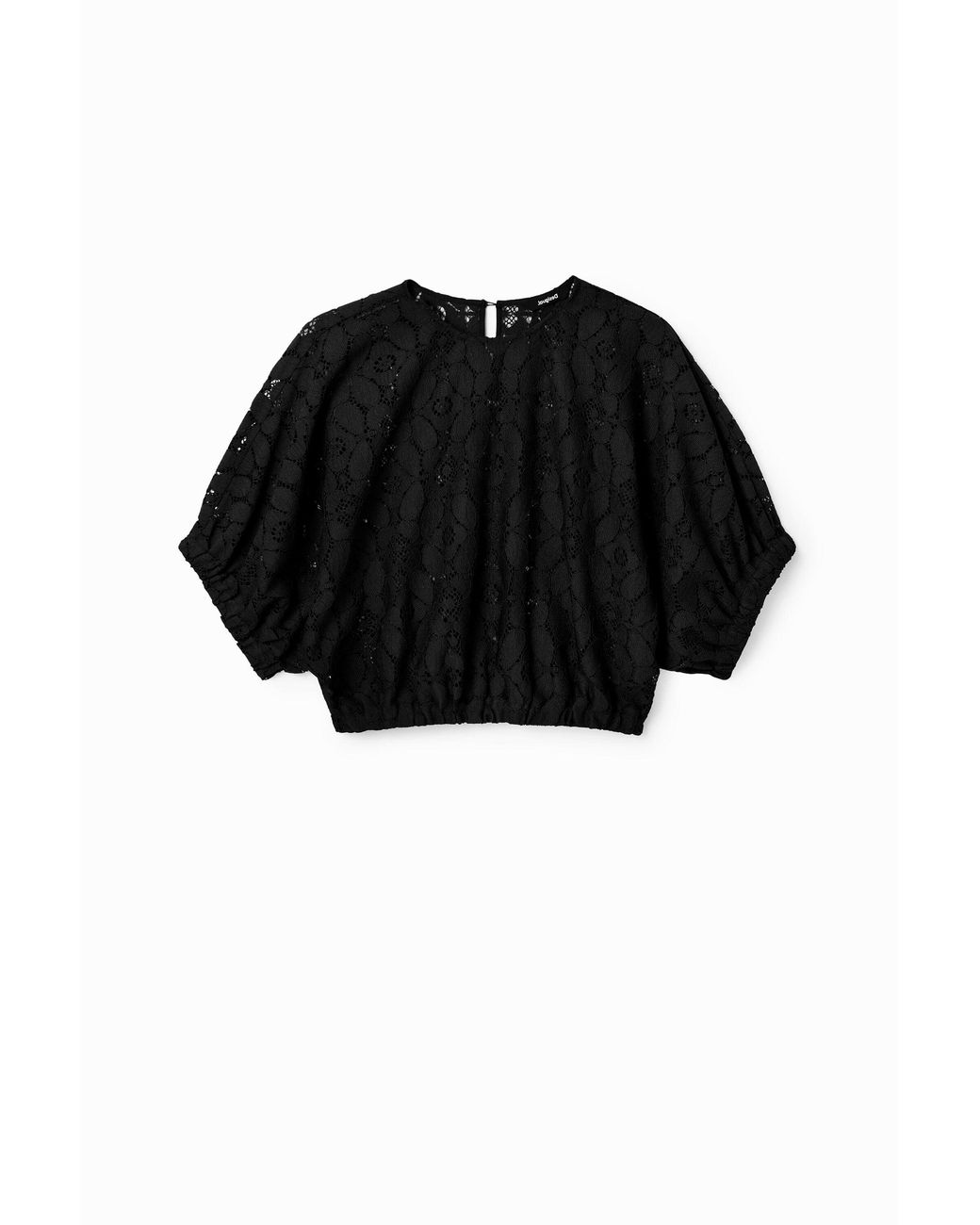 Desigual Black Short Puff-Sleeve Lace Blouse, Polyester