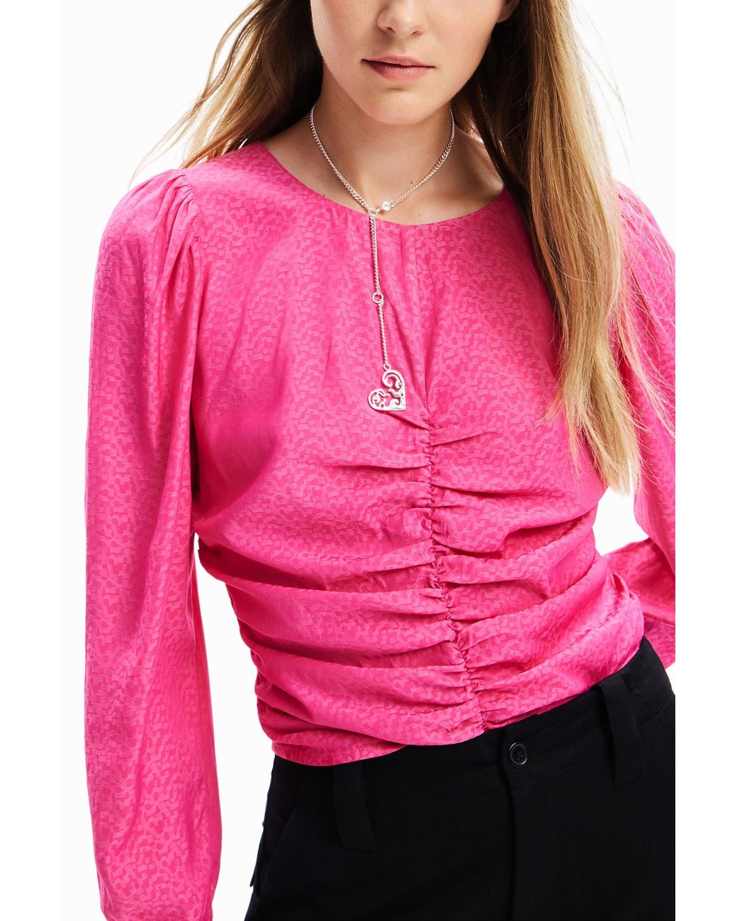 Desigual Pink Jacquard Ruched Blouse, Polyester