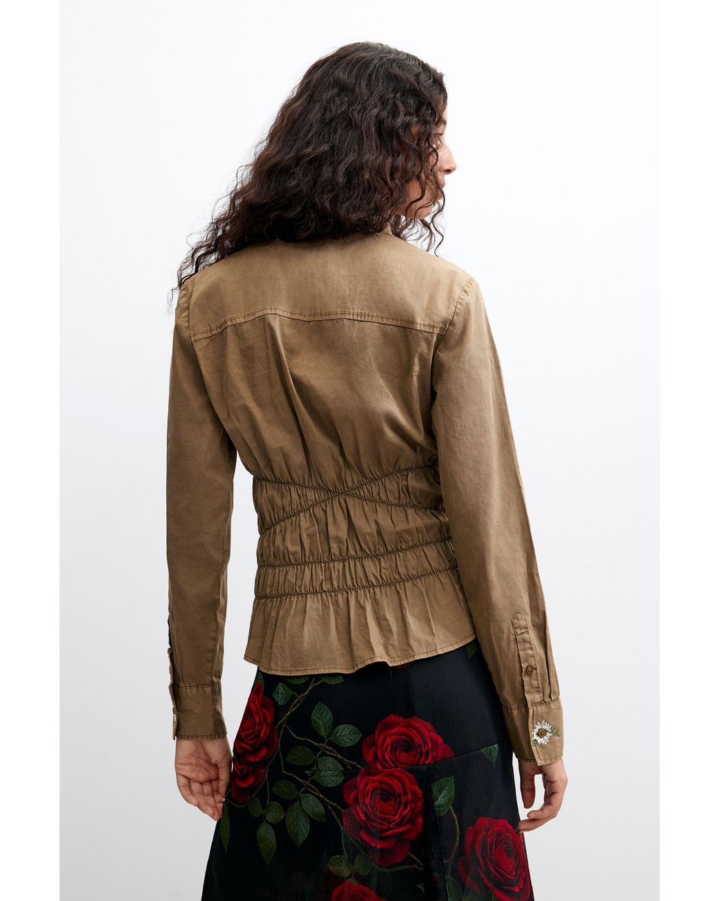 Desigual Brown Fitted Shirt With Embroidery, Cotton