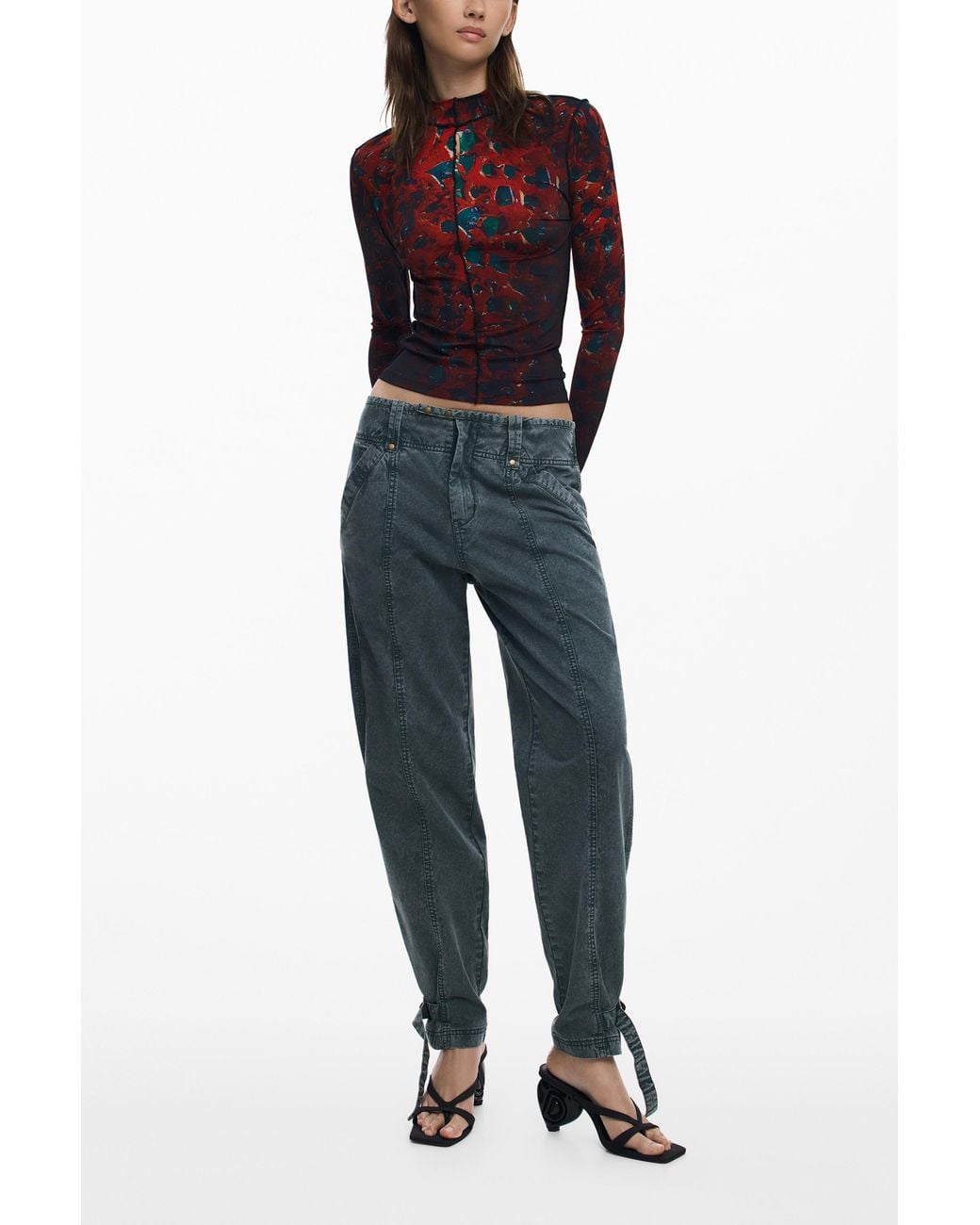 Desigual Red Leaf Stitching T-Shirt, Viscose