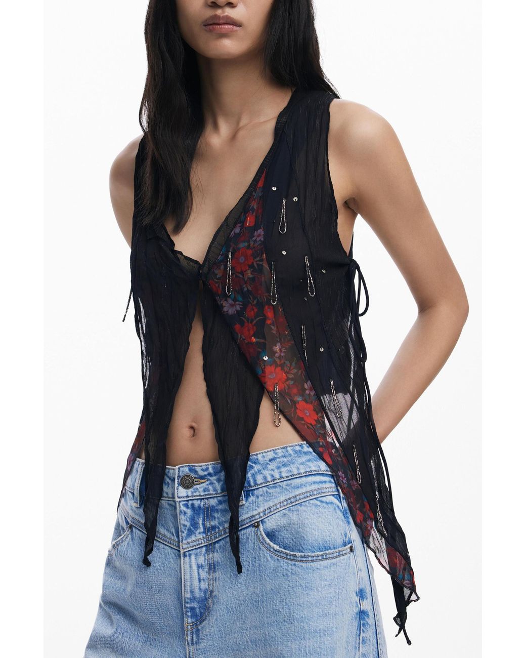 Desigual Blue Asymmetric Chiffon Blouse, Polyester