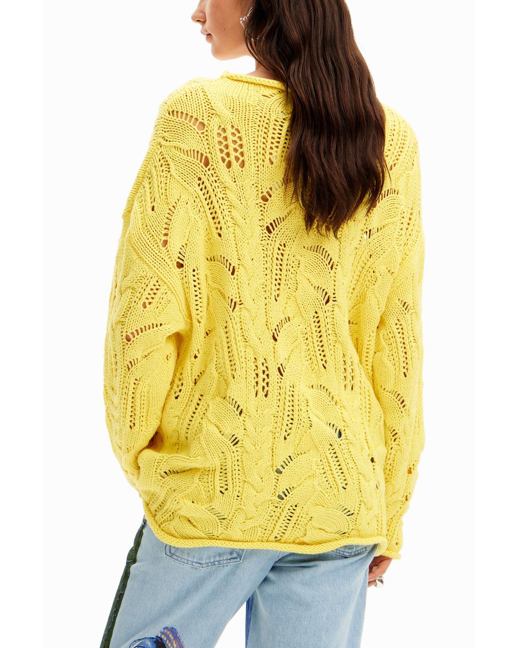 Desigual Yellow Oversize Openwork Pullover