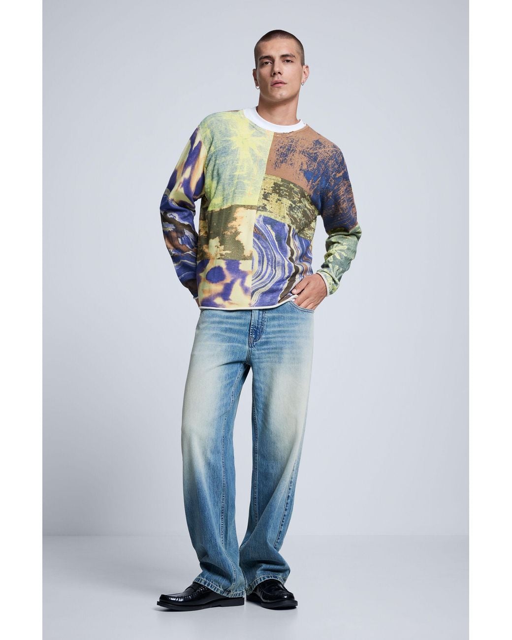Desigual Gray Patchwork Print Sweater, Cotton for men