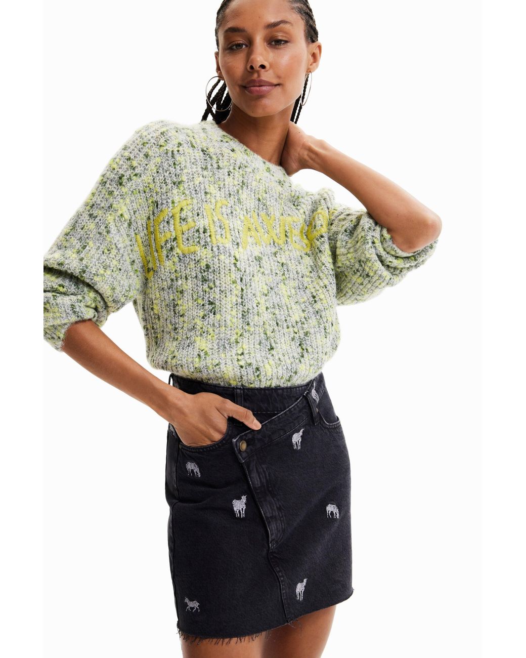 Desigual Black Zebra Denim Mini Skirt, Cotton