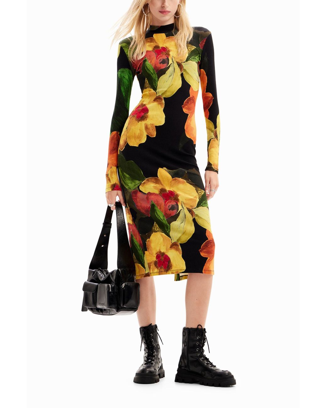 Desigual Black Slim Floral Midi Dress, Viscose