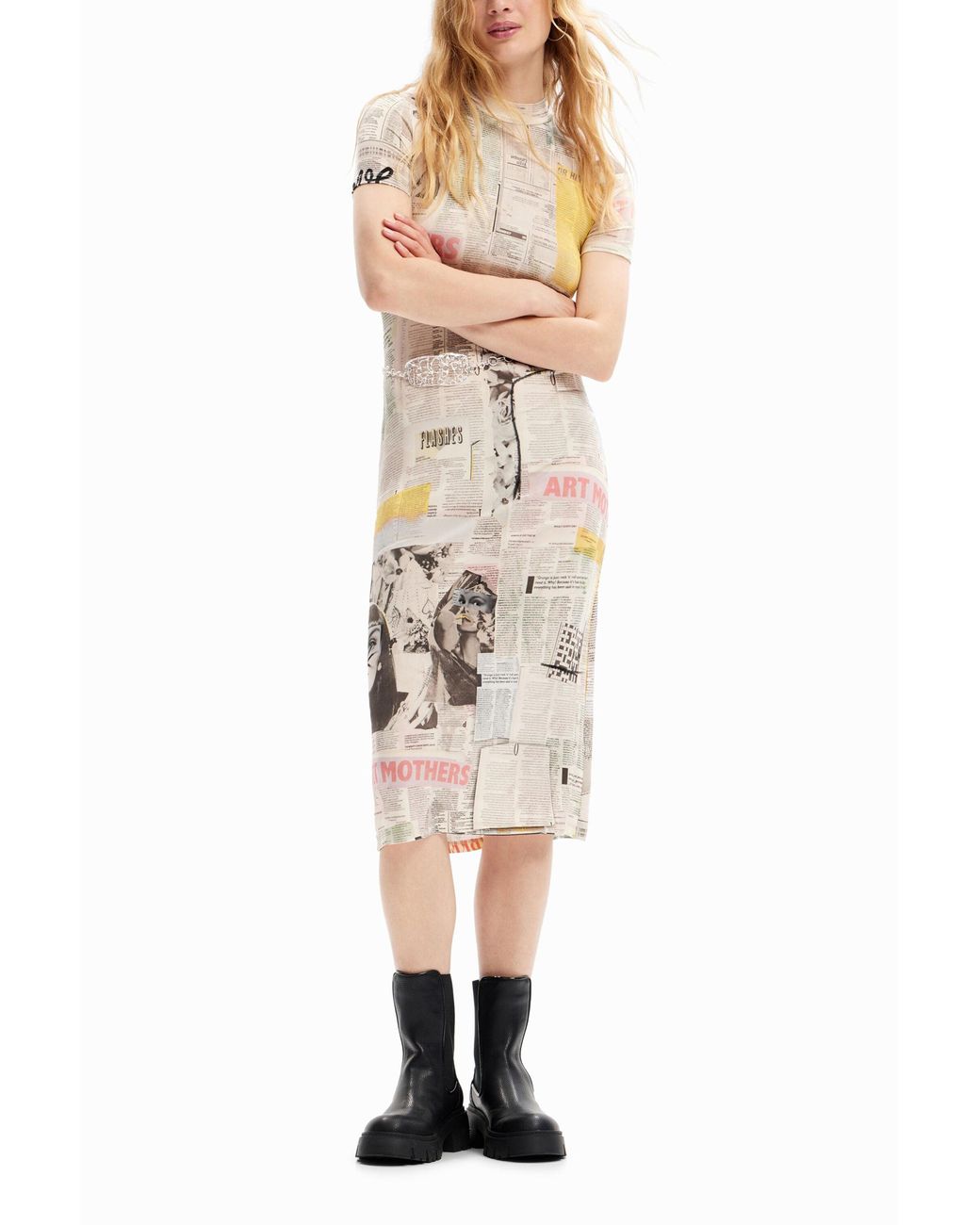 Desigual White Slim Newspaper Midi Dress, Viscose