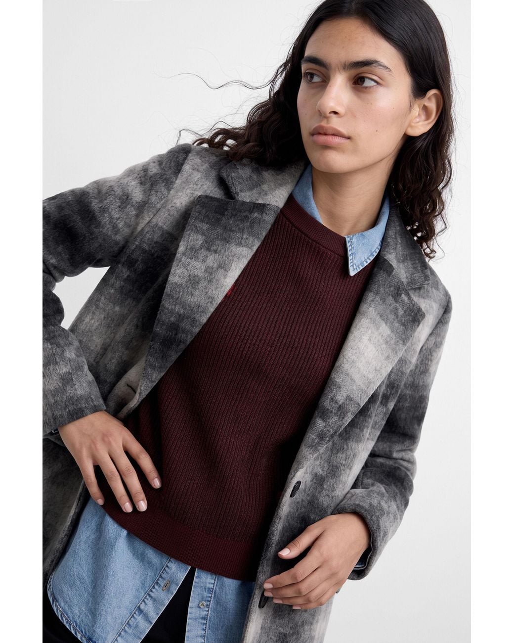 Desigual Blue Long Coat With Wool