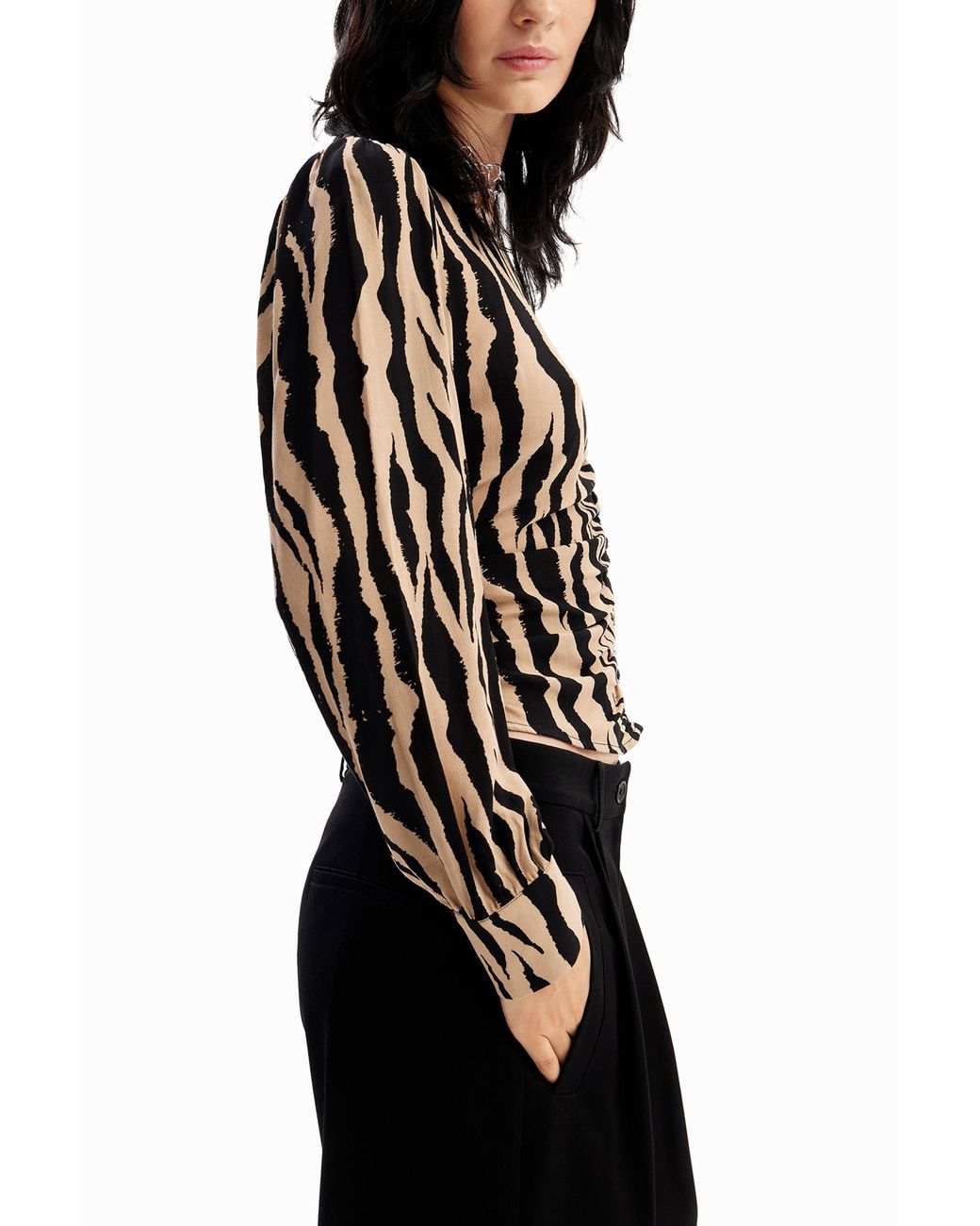 Desigual Black Zebra Ruched Blouse, Viscose