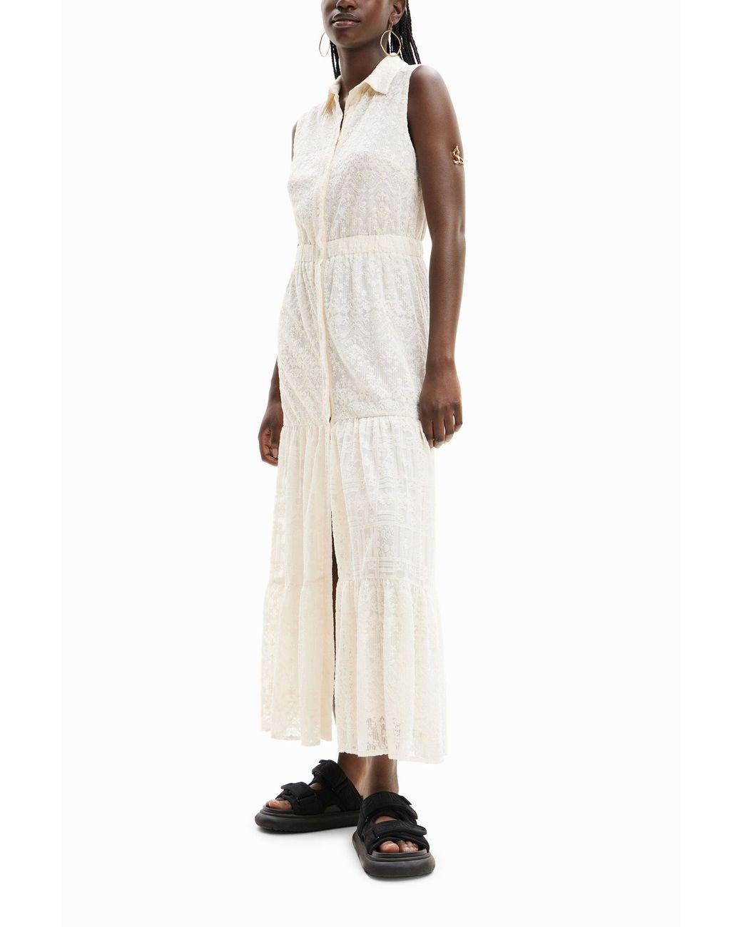 Desigual White Long Embroidered Shirt Dress