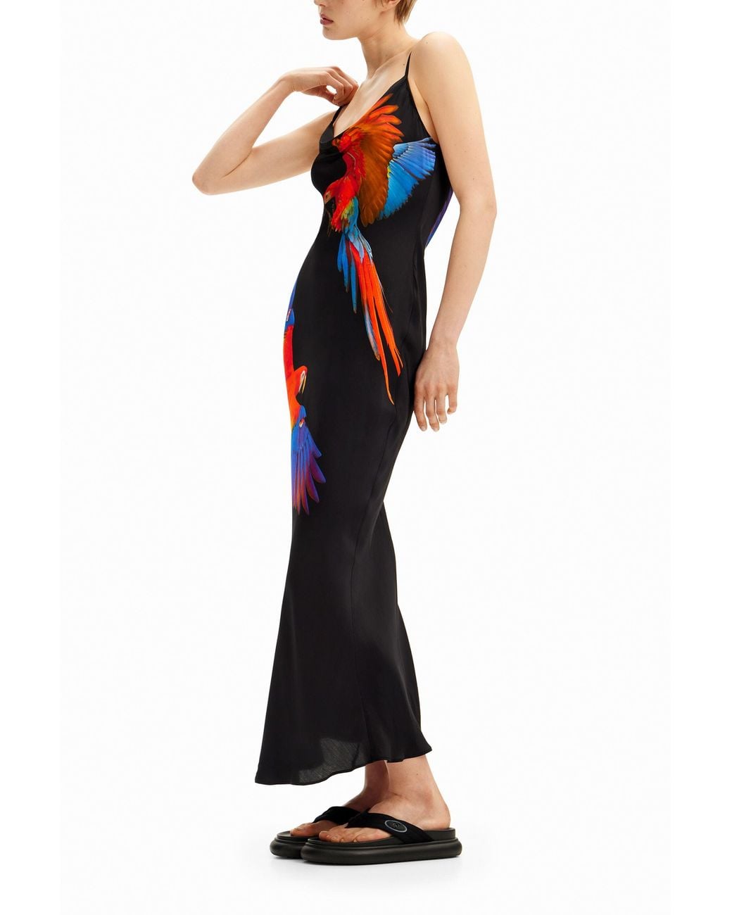 Desigual Blue Tyler Mcgillivary Tropical Parrot Satin Strappy Dress, Viscose