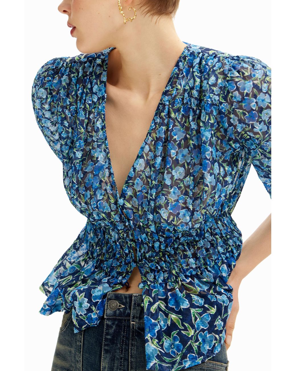Desigual Blue Floral Plumetis Blouse, Polyester