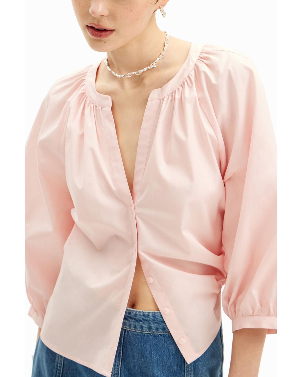 Desigual Pink V-Neck Poplin Blouse, Cotton