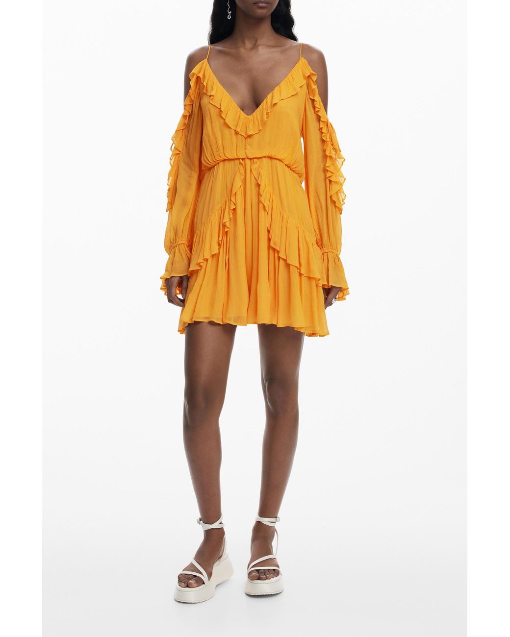 Desigual Orange Ruffled Mini Dress, Viscose