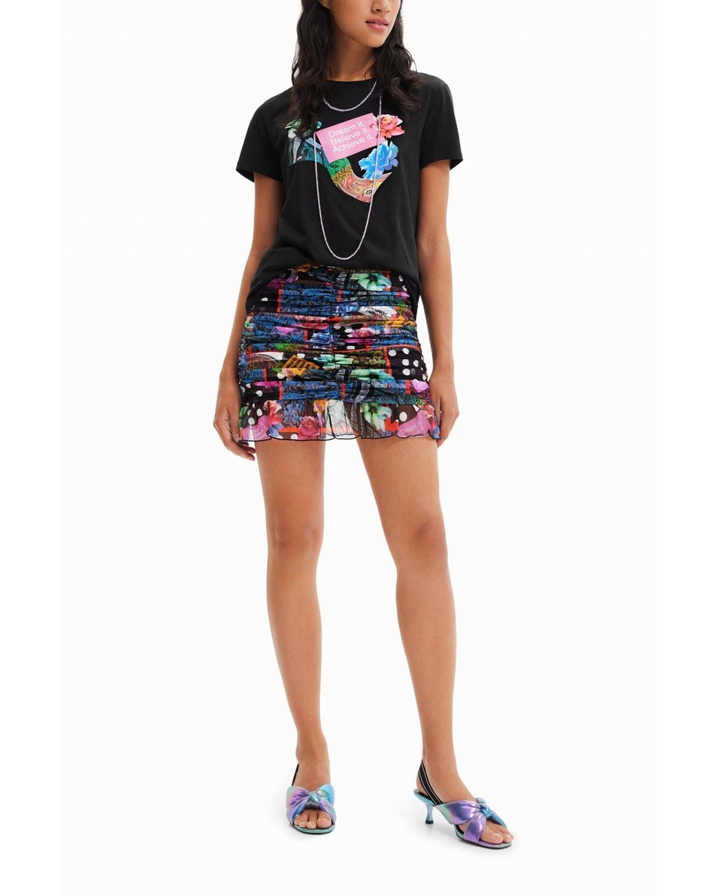 Desigual Black Draped Digital Patchwork Mini Skirt, Polyester