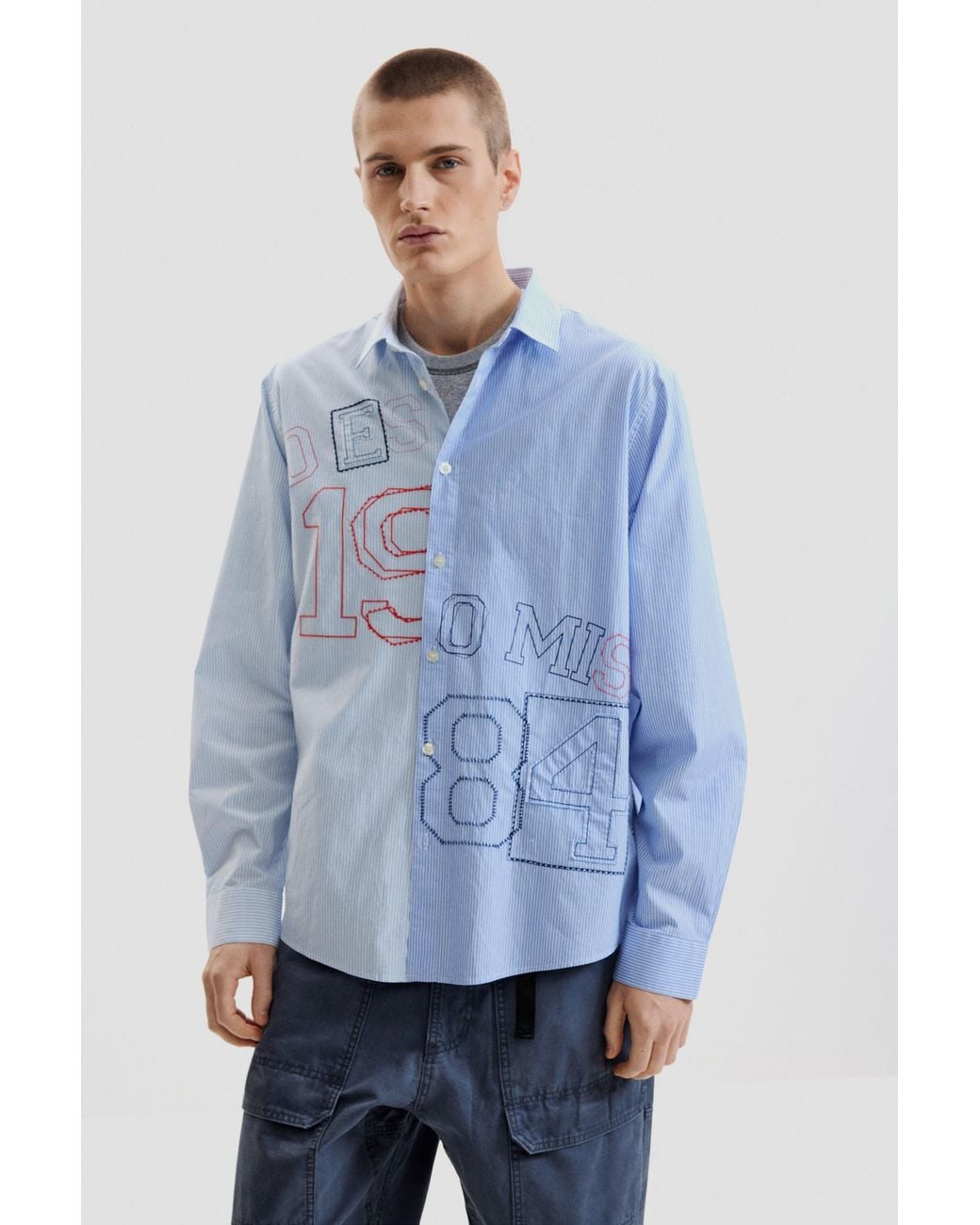 Desigual Blue Embroidered Shirt, Cotton for men