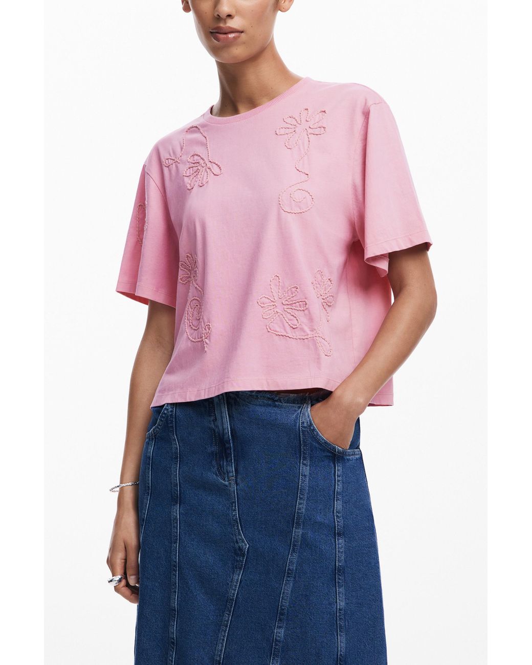 Desigual Pink Embroidered Flower T-Shirt, Cotton
